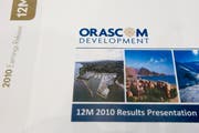 Ein Logo von Orascom anlässlich einer Präsentation. (Bild: Alessandro della Bella / Keystone)