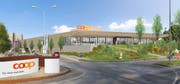 Das Coop Super Center wird 20 Jahre nach der Eröffnung erneuert. Unter anderem erhält das Restaurant eine überdachte Terrasse. (Visualisierungen: PD)