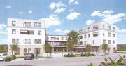Die Visualisierung zeigt die drei geplanten Bauten der Genossenschaft Dorfzentrum an der Poststrasse östlich des Gemeindehauses. (Bild: PD)
