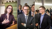 Susanne Vincenz-Stauffacher (links) und Mike Egger (rechts) haben die Hoffnung, Benedikt Würth (Mitte) noch einzuholen, nicht aufgegeben. (Bilder: Ralph Ribi, Michel Canonica)