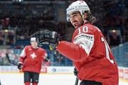 Anders Ambühl traf gegen Norwegen zweimal, er waren seine WM-Tore 20 und 21. (Bild: Melanie Duchene/Keystone (Bratislava, 15. Mai 2019))