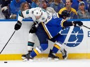 Kein Durchkommen für Timo Meier und die San Jose Sharks : Hier bleibt der Ostschweizer gegen Jay Bouwmeester hängen. Am Ende verloren die Sharks gegen die St. Louis Blues 1:2 (Bild: KEYSTONE/AP/JEFF ROBERSON)