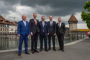 Der Luzerner Regierungsrat (von links): Paul Winiker, Reto Wyss, Guido Graf, Fabian Peter und Marcel Schwerzmann. (Bild: Dominik Wunderli)