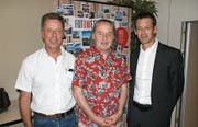 Sie prägten die Versammlung: Christoph Zumstein, neugewählter Verwaltungsrat Obwalden Tourismus (OT), Otto Steiner, Referent, und Florian Spichtig, VR-Präsident OT (von links). (Bild: Primus Camenzind, Sarnen, 1. Mai 2019)