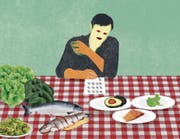 Nur Salat, Lachs, Avocado, Nüsse – aber kein Brot, keine Pasta, kein Zucker: Nils Binnbergs Speiseplan. (Bild: Illustration: Patric Sandri)