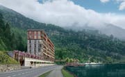 Das Hotelgebäude und das Seerestaurant sollen durch eine Passerelle verbunden werden, wie in der Bildmitte zu sehen ist. (Visualisierung: PD)