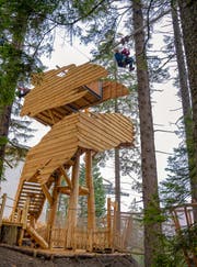 Vom Holzdrachen aus geht es hinein in die Tour durch den Wald - in angenehmem Tempo und natürlich in luftiger Höhe.
