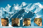 Die Postkarte zur Gasherbrum-II–Besteigung im Jahr 1989, von links: Chris Forster, Toni Fullin, Tino Planzer und Peter Stadler. (Bild: PD)