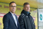 Bereits die nächste Saison vor Augen: FCSG-Präsident Matthias Hüppi und Sportchef Alain Sutter. (Bild: Urs Bucher)