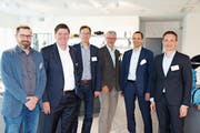 Sie geben dem WPO ein Gesicht (von links): Thomas Goldinger, Gemeindepräsident Wängi; Hansjörg Brunner (Präsident), Nationalrat, Sirnach; Roman Habrik, Gemeindepräsident Kirchberg; Hans Mäder, Gemeindepräsident Eschlikon; Marcel Mosimann, HEV Wil & Umgebung/Immobilientreuhand, Wil; Standortförderer Robert Stadler. (Bild: Hans Suter)