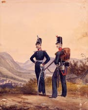 Soldat und Unteroffizier in den schmucken Uniformen des liechtensteinischen Militärkontingents im 19. Jahrhundert. (Bild: Landesarchiv)