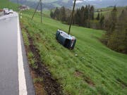 Alle vier Insassen blieben unverletzt. Das Auto überschlug sich und kam an einem Strommasten zum Stillstand. (Bild: Kantonspolizei Appenzell Ausserrhoden)