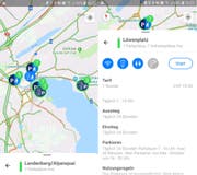Zwei Screenshots auf Android: Links die Übersichtskarte mit freien Car-Parkplätzen, rechts genauere Angaben zur Haltestelle Löwenplatz. (Bild: Simon Mathis, 6. Mai 2019)
