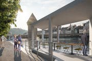 So stellen sich die Initianten des Veloparkings unter der Reuss das Ufer an der Bahnhofstrasse künftig vor. Im Betonkubus fänden Lift und Treppen von und zum Veloparking Platz. (Visualisierung: PD)