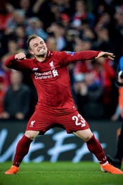 Xherdan Shaqiris Jubel nach dem Schlusspfiff. (Bild: Peter Powell/EPA (Liverpool, 7. Mai 2019))