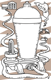 Die bis heute gebräuchliche hydraulische Druckstoss-Pumpe, «Widder» genannt, pumpt Wasser an einen höher gelegenen Standort. (Illustration: Lea Siegwart)