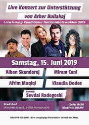 Flyer für das Fest mit albanischen Popstars in Rorschach, offizielles Porträt des Wiler SP-Politikers: Arber Bullakaj. (Bild: PD/)