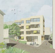 So könnte der Neubau des Schulhauses Hofmatt 4 (Westansicht) in Oberägeri dereinst aussehen. Die Visualisierung rechts zeigt den Blick in den Garderobenbereich. (Visualisierung: PD)