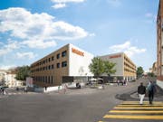 Projekt Neubau Migros Herisau, von der Oberdorfstrasse her gesehen mit den Aussenplätzen des Restaurants. (Visualisierung: Genossenschaft Migros Ostschweiz)