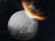 Ein heftiger Einschlag auf Vesta könnte die verschiedenen Komponenten des Asteroiden vermischt haben. Trümmer dieser Mischung landeten als Meteoriten auf der Erde. (Illustration) (Bild: Makiko Haba / ETH Zürich / Tokyo Inst. of Technology)