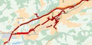 Ein Unfall im Schorentunnel hat einen Stau auf der St.Galler Stadtautobahn zur Folge. (Stand: 17.50 Uhr) (Screenshot: mydrive.tomtom.com)