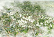 Zum Bahnhof St.Fiden und seinem Umfeld existieren bereits verschiedene Studien, was baulich möglich und sinnvoll ist. Im Bild eine Illustration aus einer Studie der Stadt. (Illustration: Stadtplanung St.Gallen - 7. Dezember 2017)