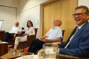 20. Birkengespräch mit Martin Gehrer, Susanne Vincenz-Stauffacher, Moderator Thomas Feierabend und Martin Schmidt. Bild: Johannes Wey, 18.6.2019
