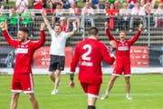 Grosser Jubel beim Schweizer Team. (Bild: Fabio Baranzini / Swiss Faustball, Aarau, 23. Juni 2019)