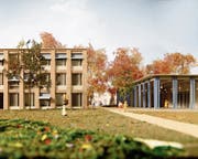Der neue Schulhaustrakt (links) soll optisch mit dem pavillonartigen Neubau für Aula und Turnhalle verbunden werden.Visualisierung: PD