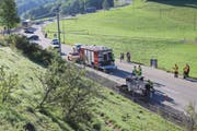 Die Unfallstelle auf der Speicherstrasse zwischen Rank (links) und «Schwarzem Bären». (Bild: Stadtpolizei St.Gallen - 24. Juni 2019)