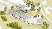 Die Projektstudie sieht vor, auf den Grundmauern des Resorthotels in Mogelsberg mehrere kleine Gebäude mit Hotelzimmern, Seminar- und Therapieräumen und einem Restaurant zu bauen. Visualisierung: Nägeli AG