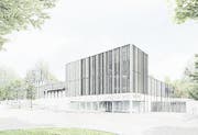 Die Sicht auf den ebenerdigen Haupteingang des neuen Hallenbads mit Blick von Osten her. (Bild: Architekten Koller, Kintat, Bienert/PD)
