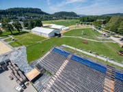 In Aarau laufen die Vorbereitungen für das Eidgenössische Turnfest (ETF) auf Hochtouren. Der Grossanlass mit dem Festgelände im Schachen dauert vom 13. Juni bis 23. Juni. (Bild: KEYSTONE/URS FLUEELER)