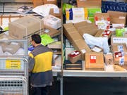 In den Paketzentren der Post wird alles vollautomatisch sortiert: Blick ins Paketzentrum Daillens VD. (Bild: KEYSTONE/LAURENT GILLIERON)