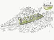 Stadt über den Gleisen: So stellen sich die «IG Wirtschaft St.Fiden» und «Wirtschaft Region St.Gallen» die Überdeckung von Autobahn und Gleisen beim Bahnhof St.Fiden vor. (Illustration: PD -17. Januar 2019)