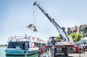 Die Skulptur wird in Gottlieben mit einem Kran vom MS Delphin abgeladen. (Bild: Andrea Stalder)