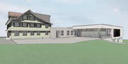 So sieht das Vorprojekt des Umbaus der «Krone» Mosnang aus. Der neue Saal (rechts) wird direkt mit dem Restaurant verbunden. (Visualisierung: PD)