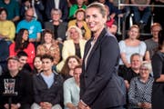 Mette Frederiksen während einer Wahlkampf-Fernsehdebatte. (Bild: Mads Claus Rasmussen/EPA; Odense, 19. Mai 2019)
