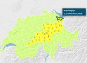 Das Gebiet, das von der Windwarnung von Meteo Schweiz betroffen ist. Darunter ist auch die Warnregion St.Gallen-Rorschach. (Illustration: Meteo Schweiz - 7. Juni 2019)