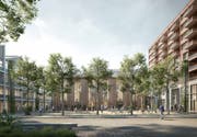 So soll das EWL-Areal künftig aussehen, in der Mitte der Quartierplatz mit dem Roten Haus im Hintergrund, rechts Wohnbauten der ABL. (Visualisierungen: PD)