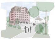 So soll das fünfgeschossige Holzhaus im Geuenseer Dorfzentrum aussehen. (Visualisierung: PD)