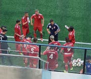 Unter der Anleitung von João Paiva (dunkles Dress) trainieren die Fussballer in Dietikon. (Bild: Safp)