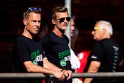 Die beiden Führungsköpfe des FC St. Gallen: Präsident Matthias Hüppi (links) und Sportchef Alain Sutter. (Bild: Christian Merz/Keystone, Rüti, 30. Juni 2018).