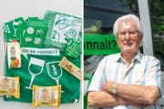 Waffeln, Mandeln und Apfelsaft aus dem Ausland: Der Rheintaler Jakob Engler ist über die Wegzehrung des Kantons St.Gallen alles andere als erfreut. (Bilder: Raphael Rohner/Ralph Ribi)