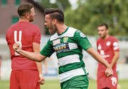 Der neue Kriens-Stürmer Rrezart Hoxha jubelt nach seinem 1:0-Treffer kurz vor dem Pausenpfiff. (Bild: Philipp Schmidli, Kriens, 21. Juli 2019)