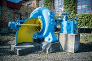 Eine Turbine als Ausstellungsstück auf dem Areal der Werkbetriebe Frauenfeld. (Bild: Reto Martin)