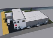 Das Gebäude ist bis auf den Verwaltungstrakt (links im Bild) eingeschossig und soll rund 53 mal 31 Meter messen. (Visualisierung: PD)