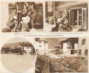 Pontoniere des Schweizer Militärs retten eine 86-jährige Frau aus ihrem tief im Wasser stehenden Haus, rechts einen kleinen Buben. Bild links unten: So sah es in Ruggell drei Tage nach dem Rheineinbruch aus. (Bilder aus: "L'Illustré")