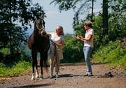 Marina Parris (rechts) mit dem Pferd Riverdance und Chris Oeuvray. (Bilder: Stefan Kaiser, Affoltern am Albis, 04. Juli 2019)