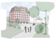 So soll das fünfgeschossige Holzhaus «Sternenhaus» im Geuenseer Dorfzentrum aussehen. (Visualisierung: PD)